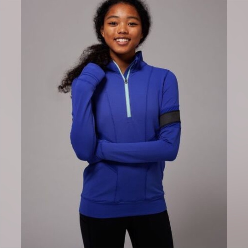 Ivivva Girls' Electric Blue Long Sleeve Half-Zip Top with Black Arm Band